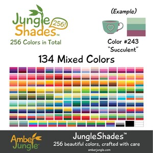 May include: A color palette chart with 134 mixed colors, featuring a variety of shades from red, orange, yellow, green, blue, purple, and brown. The chart is labeled "134 Mixed Colors" and is part of the "Jungle Shades" brand, which offers 256 colors in total.