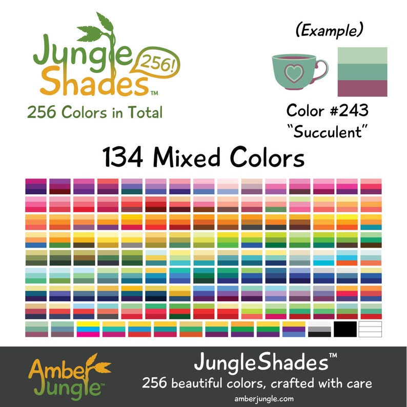 May include: A color palette chart with 134 mixed colors, featuring a variety of shades from red, orange, yellow, green, blue, purple, and brown. The chart is labeled "134 Mixed Colors" and is part of the "Jungle Shades" brand, which offers 256 colors in total.