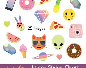 Laptop Stickers Clipart- Blogger Girl Tumblr Clip Art, Blog Emoji, Printable Planner Sticker Instant Download- Alien Cat Pizza Donut Tumbler