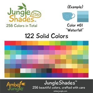 May include: A color palette chart with 122 solid colors, featuring a variety of shades from red, orange, yellow, green, blue, purple, pink, brown, gray, and black. The chart is labeled "Jungle Shades" and "256 Colors in Total".