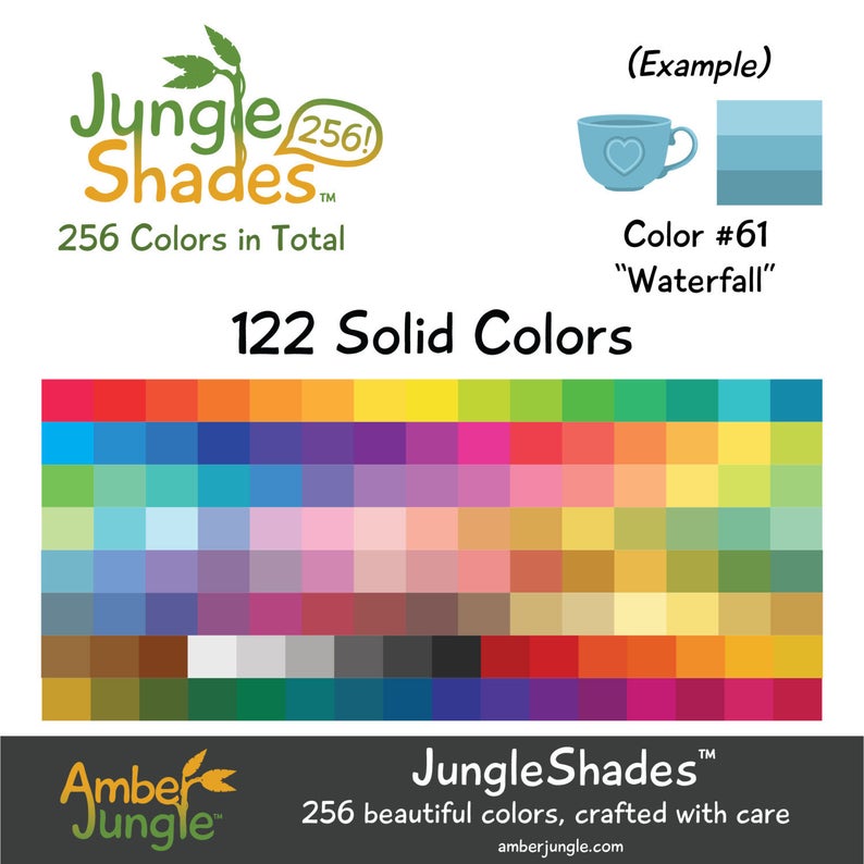 May include: A color palette chart with 122 solid colors, featuring a variety of shades from red, orange, yellow, green, blue, purple, pink, brown, gray, and black. The chart is labeled "Jungle Shades" and "256 Colors in Total".