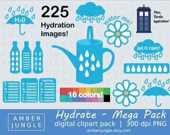 Hydration Clipart Mega Pack: Instant Download! HUGE Hydrate Printable Clip Art Kit Planner Stickers Daily Weekly Tracker, Rain Flower Tardis