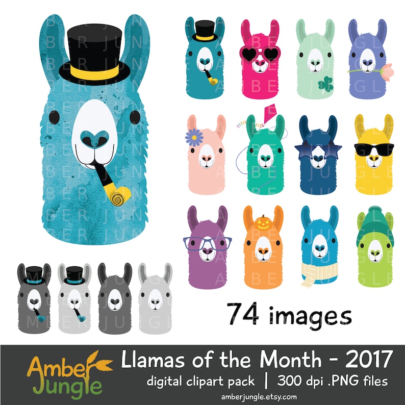 May include: A digital clipart pack of 74 llama illustrations. The llamas are wearing various hats, sunglasses, and other accessories. The text "Llamas of the Month - 2017" is at the bottom of the image.