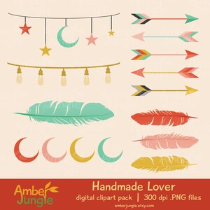 May include: A digital clipart pack with a bohemian theme. The pack includes illustrations of stars, moons, arrows, feathers, and lightbulbs. The illustrations are in a variety of colors, including red, pink, yellow, blue, and green. The text "Handmade Lover" and "digital clipart pack | 300 dpi .PNG files" is included in the image.