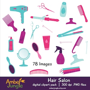 May include: A set of 78 digital hair salon clipart images in PNG format. The images are 300 dpi and feature various hair styling tools, including a hairdryer, curling iron, flat iron, combs, brushes, scissors, hair clips, and hairspray bottles. The images are in a variety of colors, including pink, blue, and purple.