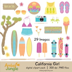 California Girl Clip Art- Summer Clipart for Planner Stickers- Beach Graphic Cali Hip Hipster Surfboard Skate West Coast Ocean Sea Imprimable