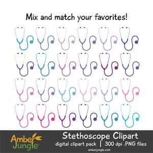 May include: A digital clipart pack of 24 colorful stethoscope illustrations. The stethoscopes are in various shades of blue, purple, pink, and yellow. The text "Mix and match your favorites!" is at the top of the image. The text "Stethoscope Clipart" is at the bottom of the image, along with the text "digital clipart pack | 300 dpi .PNG files" and "amberjungle.com".