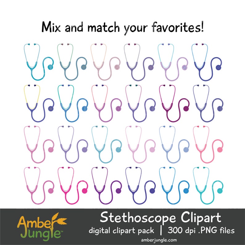 May include: A digital clipart pack of 24 colorful stethoscope illustrations. The stethoscopes are in various shades of blue, purple, pink, and yellow. The text "Mix and match your favorites!" is at the top of the image. The text "Stethoscope Clipart" is at the bottom of the image, along with the text "digital clipart pack | 300 dpi .PNG files" and "amberjungle.com".