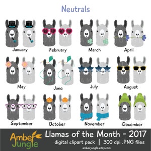 May include: A set of 12 llama illustrations, each representing a different month of the year. The llamas are depicted in various poses and wearing different accessories, such as hats, sunglasses, and scarves. The illustrations are in a neutral color palette, with gray and white being the dominant colors. The text "Llamas of the Month - 2017" is displayed at the bottom of the image.