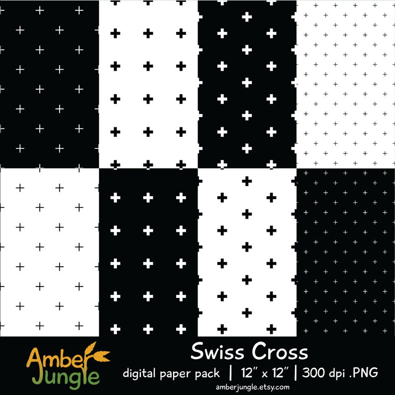 Swiss Cross Digital Paper Pack Geometric Black and White Instant