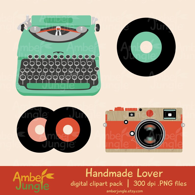 May include: A digital clipart pack featuring vintage-style illustrations of a typewriter, camera, and two vinyl records. The typewriter is green, the camera is red and brown, and the records are black with red and pink labels. The text "Handmade Lover" and "digital clipart pack | 300 dpi .PNG files" is included in the image.
