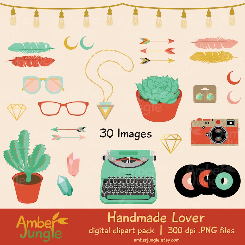 May include: A digital clipart pack with 30 images featuring a variety of retro and bohemian style illustrations. The images include a typewriter, cactus, succulent, feathers, arrows, glasses, a camera, a necklace, earrings, and more. The text "Handmade Lover" and "300 dpi. PNG files" is included in the image.