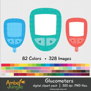 May include: A digital clipart pack of 82 colors and 328 images of glucometers. The glucometers are in blue, green, and red. The image also includes a color palette of 82 colors.