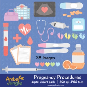 Clipart de gravidez - Clip Art médico para grávidas para adesivos de planejador - Planeje procedimentos hospitalares para bebês, testes de sangue - download instantâneo para impressão