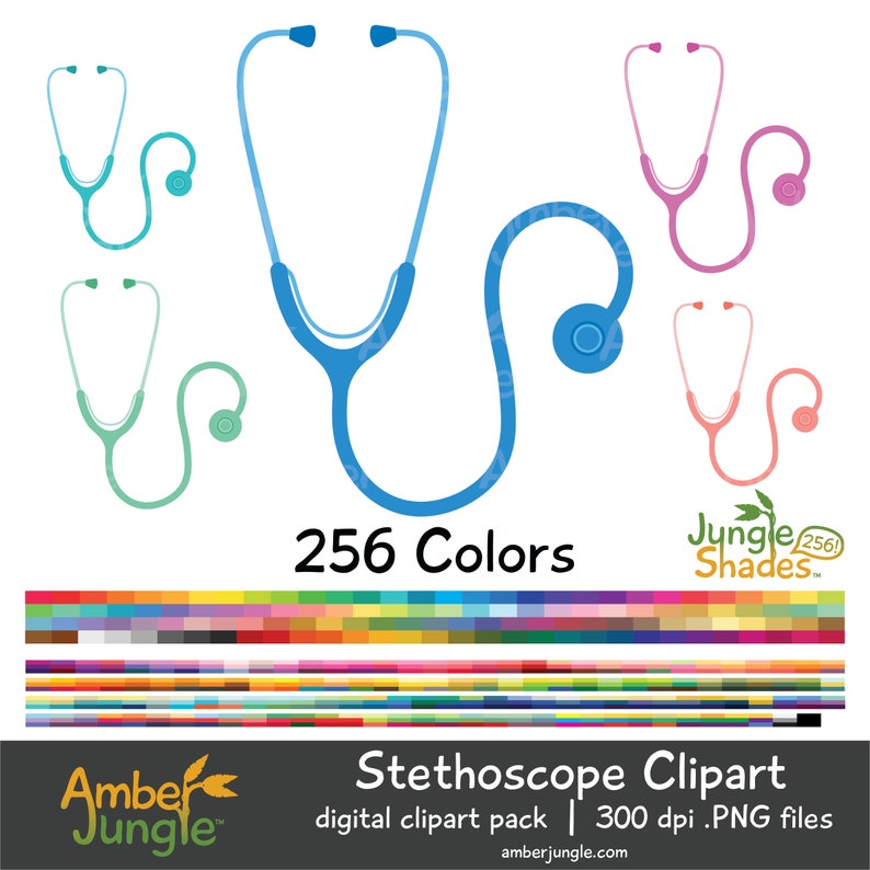 May include: A digital clipart pack of 256 color variations of a stethoscope. The image shows four different colored stethoscopes: blue, pink, green, and light blue. The text "256 Colors" is displayed below the stethoscopes. The text "Jungle Shades" is displayed in the upper right corner of the image. The text "Stethoscope Clipart" is displayed in the lower center of the image. The text "digital clipart pack | 300 dpi .PNG files" is displayed below the text "Stethoscope Clipart". The text "amberjungle.com" is displayed at the bottom of the image.