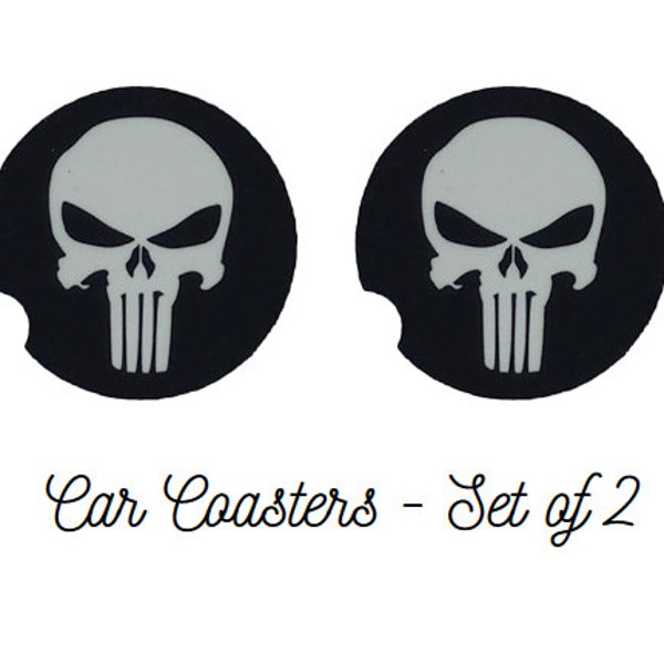 Skull Car Coasters - Set of 2 - Car Decor - Skull Design - Car Accessory - Black and White Skull