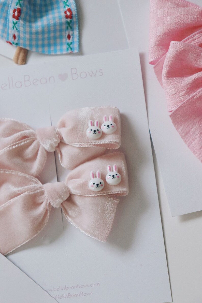Teeny Vintage Velvet Pink Bunny // pink bows, newborn bow, velvet bows, easter bow, bunny bow, pink bunny bow, easter hairbows, image 5