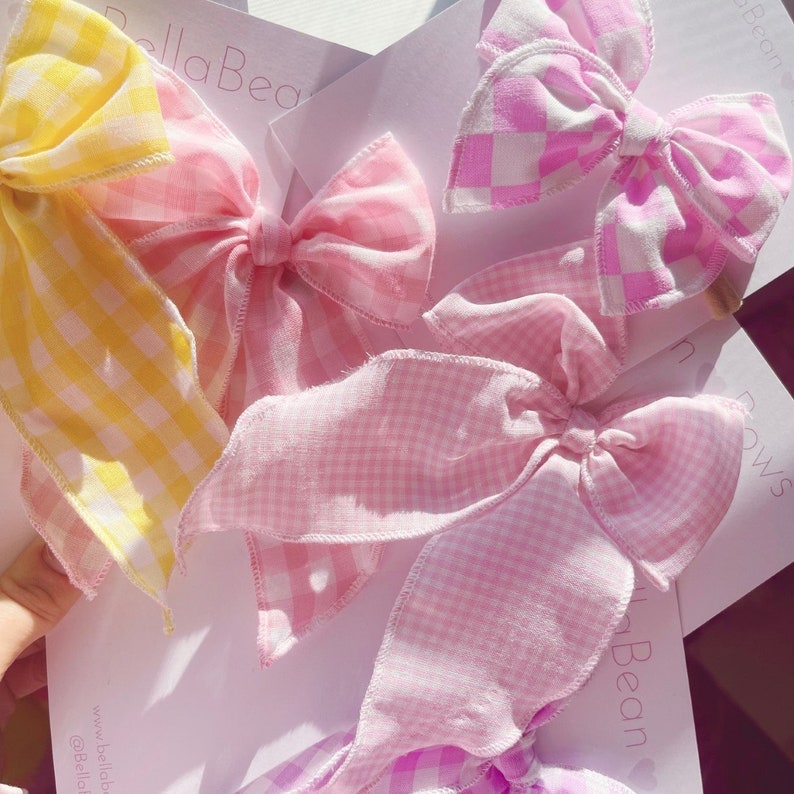 Pink Gingham Fable Bows yellow bow, gingham, spring bow, pastel bow, easter bow, gingham bows, checkered bow, barbie bow. barbie gingham image 6