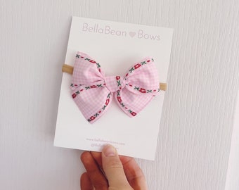 Pink Vintage Bow, baby bow, pink bows, newborn bow, summer bow, spring bow, easter bow, flower bows, floral bows, gingham bow, baby headband