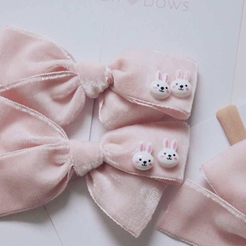 Teeny Vintage Velvet Pink Bunny // pink bows, newborn bow, velvet bows, easter bow, bunny bow, pink bunny bow, easter hairbows, image 2