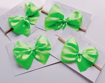 Satin Bow ~ 1.5" Electric // Satin Bow, St. Patrick's Day Bow, Green Bow, Neon Bows, Baby Bow