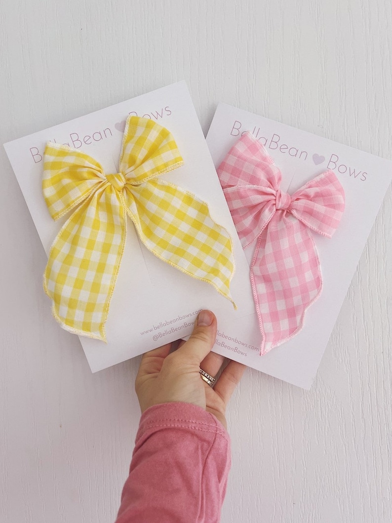 Pink Gingham Fable Bows yellow bow, gingham, spring bow, pastel bow, easter bow, gingham bows, checkered bow, barbie bow. barbie gingham image 7