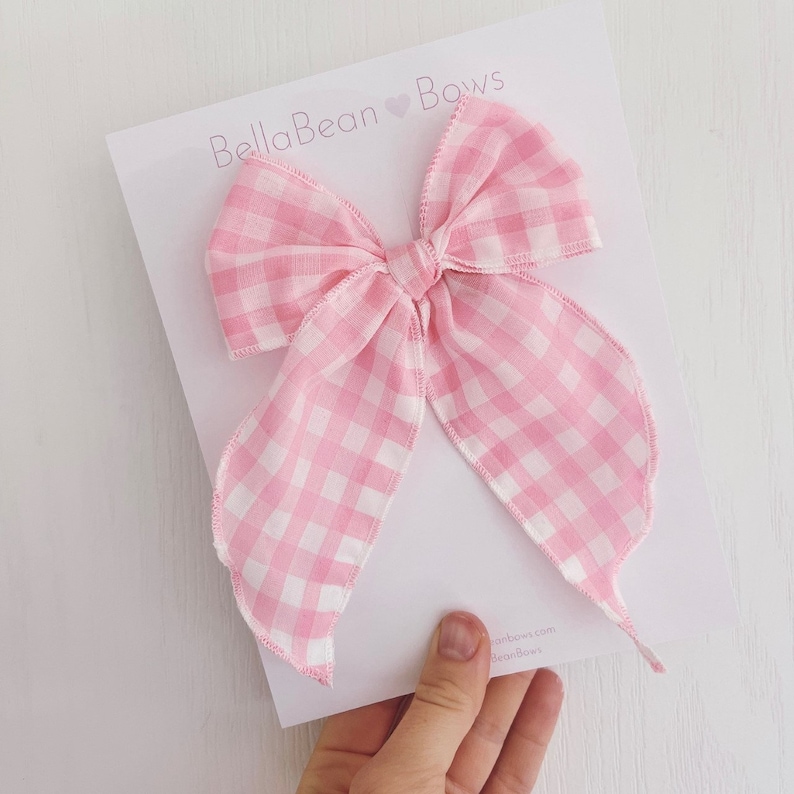 Pink Gingham Fable Bows yellow bow, gingham, spring bow, pastel bow, easter bow, gingham bows, checkered bow, barbie bow. barbie gingham image 1