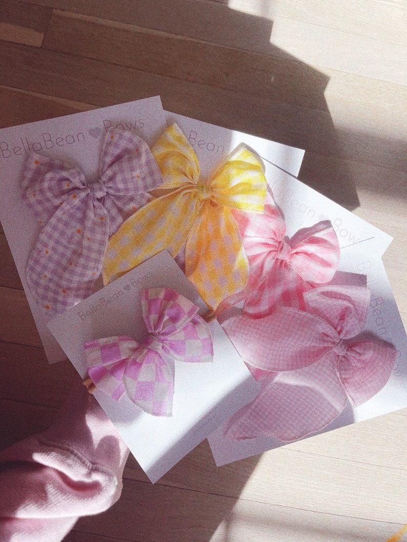 Pink Gingham Fable Bows yellow bow, gingham, spring bow, pastel bow, easter bow, gingham bows, checkered bow, barbie bow. barbie gingham image 5