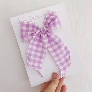 Purple Gingham Fable Bow yellow bow, gingham, spring bow, pastel bow, easter bow, gingham bows, checkered bow, scarf bow, bunny bow image 1