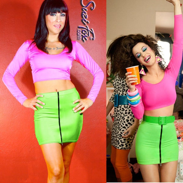 Minigonna in stile Katy Perry in spandex Milliskin verde neon, di Suzi Fox