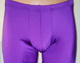 Pouch front Leggings shown in purple Milliskin Tricot Spandex by Suzi Fox