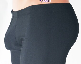 Pouch front Bike Length Shorts shown in Black Milliskin Tricot Spandex by Suzi Fox