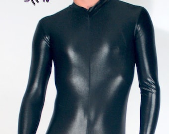 Mens Catsuit shown in Black Wetlook Spandex by Suzi Fox.