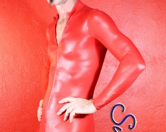 Mens Catsuit shown in Red Wetlook Spandex by Suzi Fox.