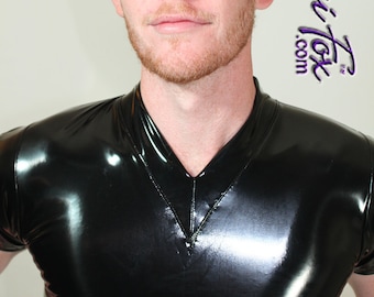 Mens V neck, Short Sleeved Tee Shirt shown in Black Gloss Vinyl/PVC by Suzi Fox.