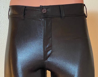 Mens jean style pants with fly zipper front, rear patch pockets, and belt loops by Suzi Fox in Faux Leather Black metallic on Spandex