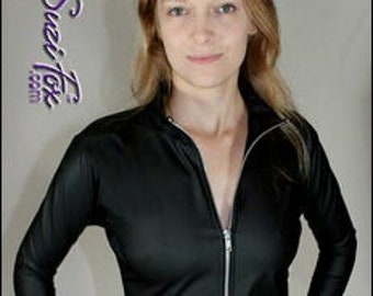 Jacket shown in Black Matte (no shine) Stretch Vinyl PVC by Suzi Fox