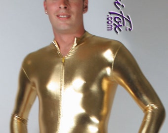 Mens Catsuit shown in Shiny Gold Metallic Foil coated Spandex by Suzi Fox.