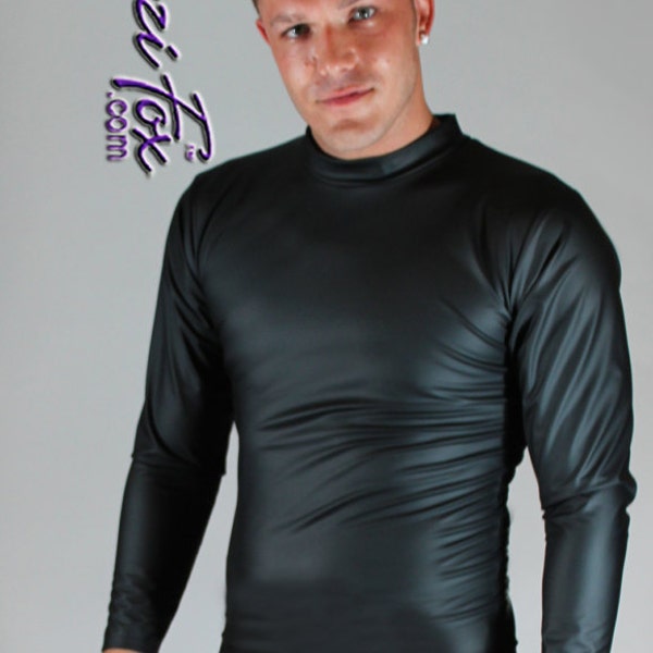 Mens Long Sleeved Tee Shirt shown in Black Matte (no shine) Faux Leather Look Stretch Vinyl coated Spandex by Suzi Fox.