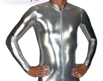 Mens Catsuit shown in Shiny Silver Metallic Foil coated Spandex by Suzi Fox.