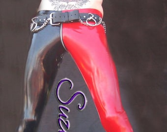 Mens Low Rise Leggings with 2 different color legs and front zipper by Suzi Fox in Stretch Gloss Vinyl pvc
