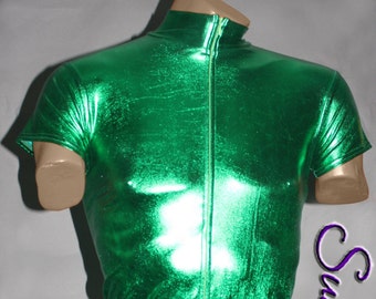 Mens Romper bodysuit shown in Shiny Green Metallic Foil coated Spandex by Suzi Fox.