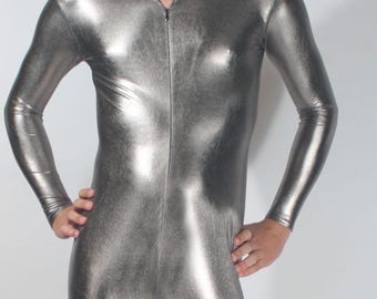 Mens Catsuit shown in Shiny Gunmetal Metallic Foil coated Spandex by Suzi Fox.