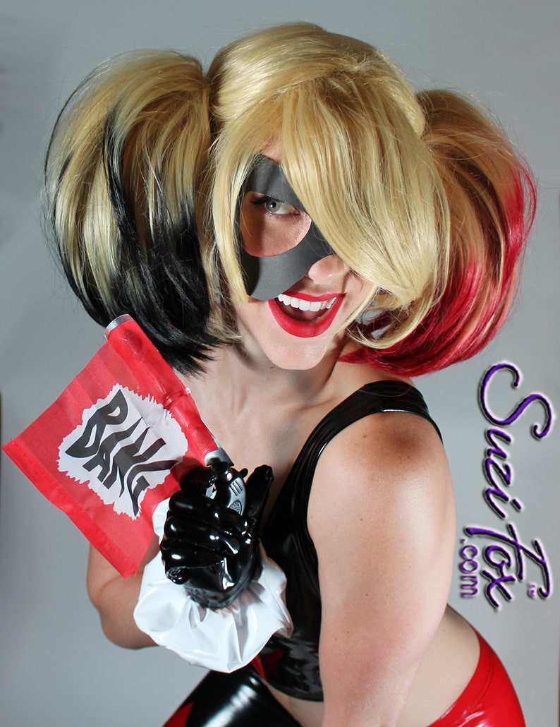 Harley Quinn style Leggings in Stretch Gloss Black and Red Vinyl pvc by Suzi Fox