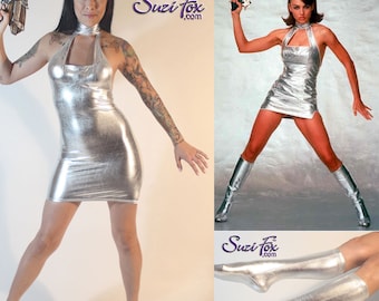 Strappy halter mini dress in silver stretch metallic foil by Suzi Fox. Great for a Vanessa Kensington costume!