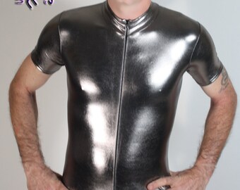 Mens Romper bodysuit shown in Shiny Gunmetal Metallic Foil coated Spandex by Suzi Fox.
