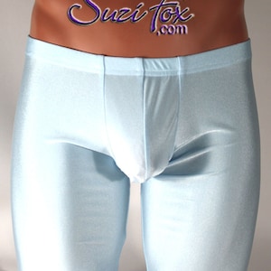 Pouch front Leggings shown in Sky Blue Milliskin Tricot Spandex by Suzi Fox