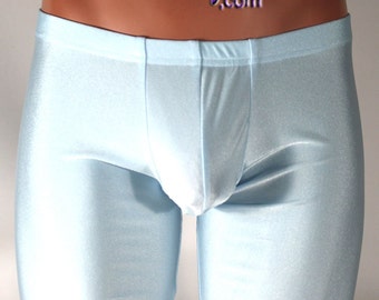 Pouch front Leggings shown in Sky Blue Milliskin Tricot Spandex by Suzi Fox