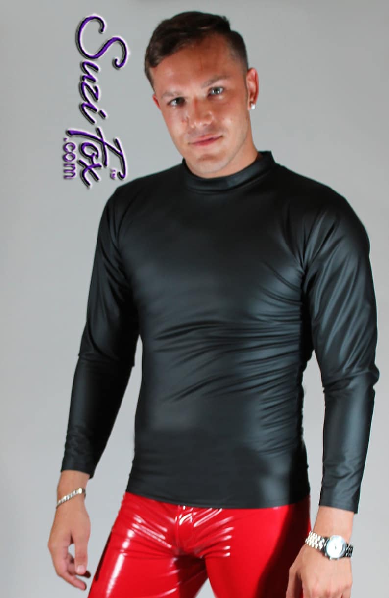 May include: A black long-sleeved shirt with a mock neck and red patent leather pants.
