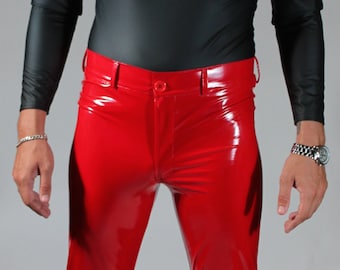 Mens jean style pants with fly zipper front, rear patch pockets, and belt loops by Suzi Fox shown in Red stretch Vinyl pvc